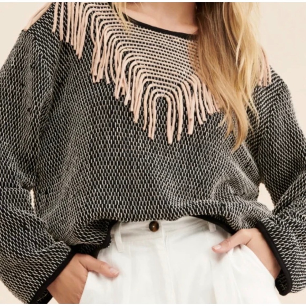 tonle Handwoven Macrame Fringe Sweater Black White Recycled Knit Womens L XL